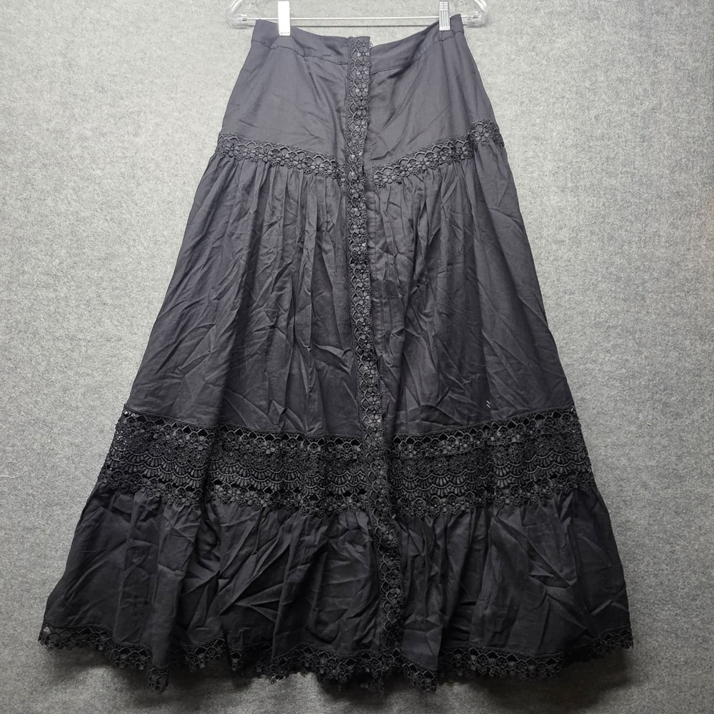 Charo Ruiz Ibiza Ann Long Maxi Skirt Black Lace Trim Boho Tiered Size M